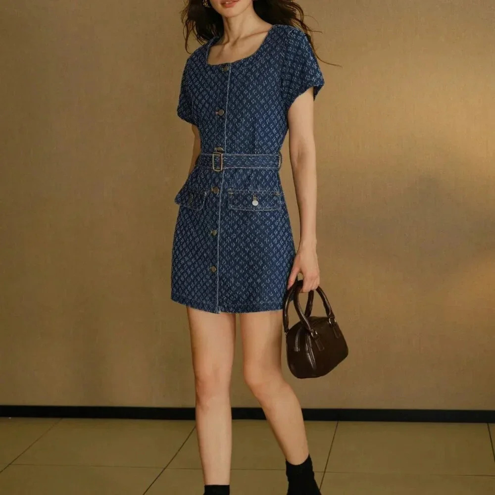 Blue Women's Flap Detail Buckle Belted Swiss Dot Denim Dress - Picture 5 of 8